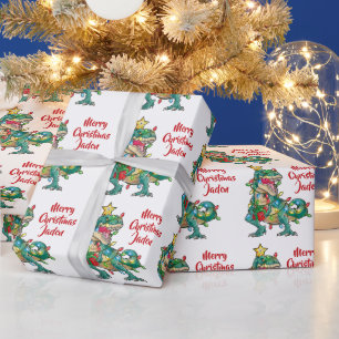 Papier Cadeau Dinosaure de Noël Joyeux Personnalisé
