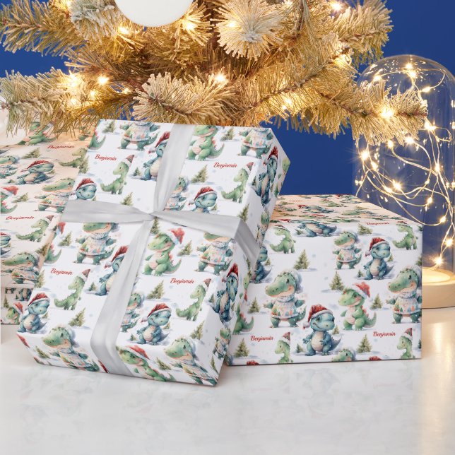 Papier Cadeau Dinosaure de Noël personnalisé (Vacances)