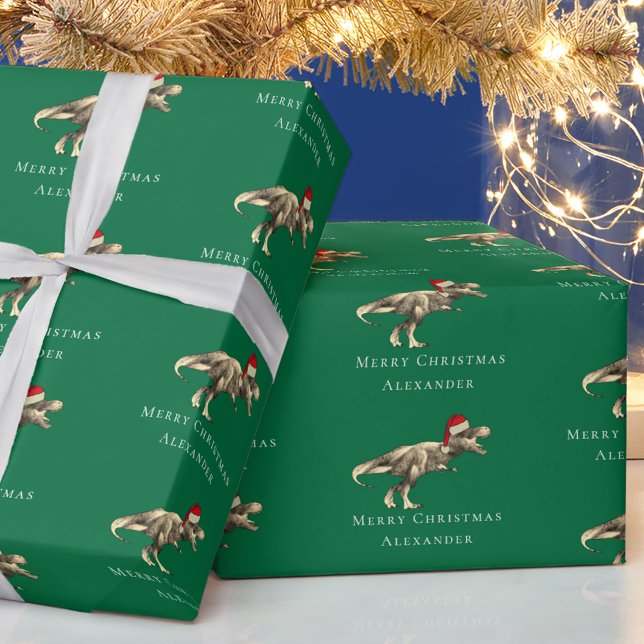 Papier Cadeau Dinosaure de Noël Personnalisé Nom du garçon Vert (Funny christmas T-Rex dinosaur personalized boy name green holiday gift wrapping paper)