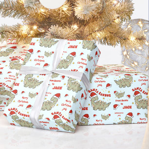 Papier Cadeau Dinosaure de Noël Santasaurus Nom bleu