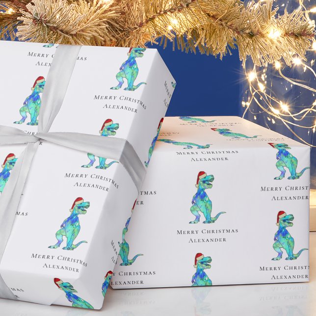 Papier Cadeau Dinosaure de Noël T-Rex Personnalisé (Personalized Christmas dinosaur holiday gift wrap funny colorful Jurassic festive Santa T-Rex dino)