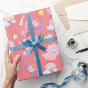 Papier Cadeau Dinosaure doux rose arc-en-ciel Motif pastel