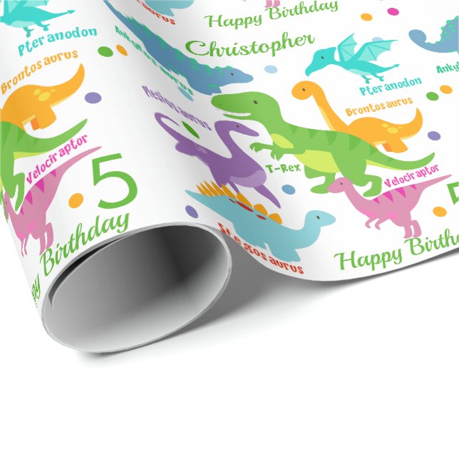 Papier Cadeau Dinosaure Et Noms Anniversaires de enfants (Coin rond)