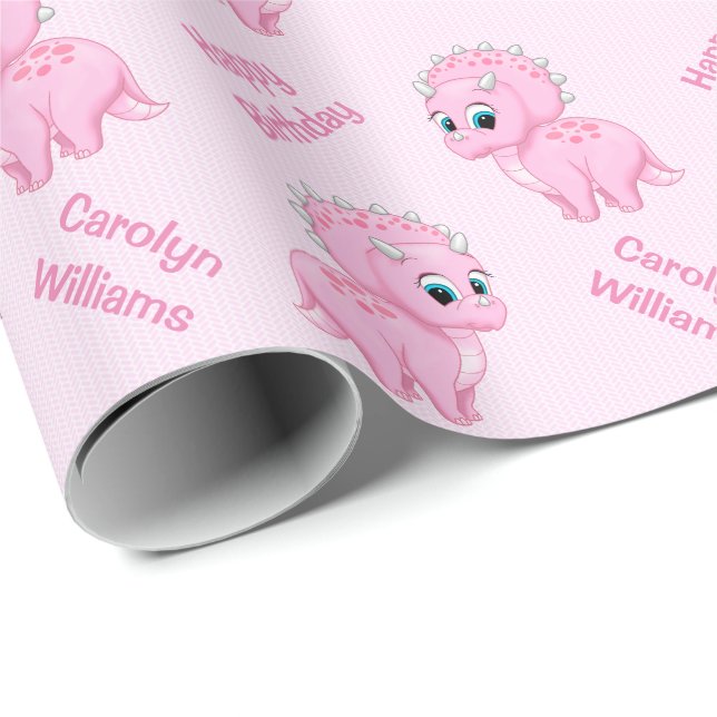 Papier Cadeau Dinosaure mignon de Triceratops de roses pâles (Coin rond)
