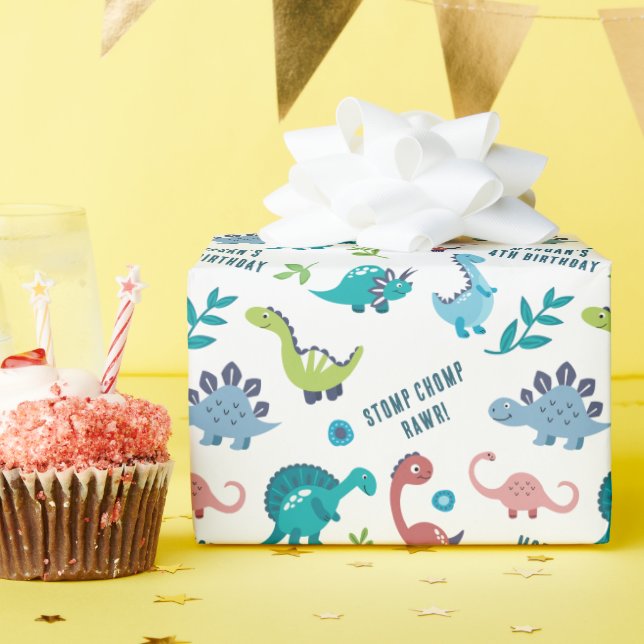 Papier Cadeau Dinosaure personnalisé fête d'anniversaire (Fête d'anniversaire)
