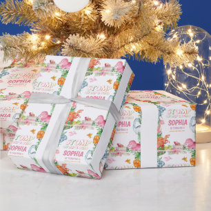 Papier Cadeau Dinosaure rose fête d'anniversaire, Filles Dinosau