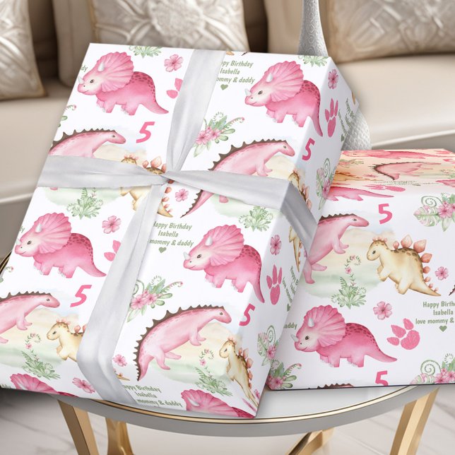 Papier Cadeau Dinosaure rose Fille Anniversaire Nom personnalisé (Pink Dinosaur Girl Birthday Custom Name Text Wrapping Paper)