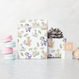 Papier Cadeau Dinosaures aquarelle blanc