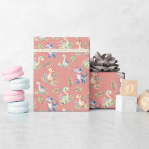 Papier Cadeau Dinosaures aquarelle rose