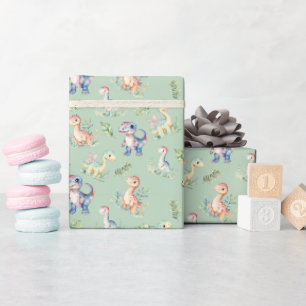 Papier Cadeau Dinosaures aquarelle sur Sage Green