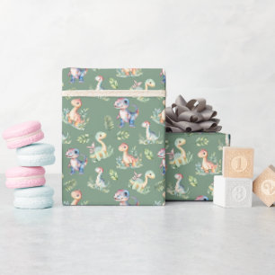 Papier Cadeau Dinosaures aquarelle sur vert