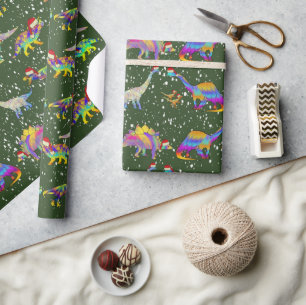 Papier Cadeau Dinosaures avec chapeaux de Père Noël Noël
