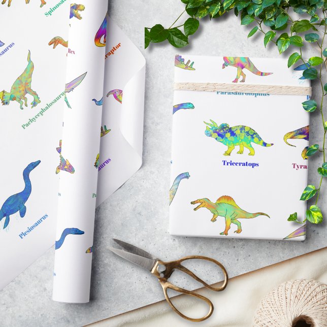 Papier Cadeau Dinosaures colorés avec des noms Motif (dinosaurs with names pattern wrapping paper colorful watercolor dino artwork T-Rex velociraptor )
