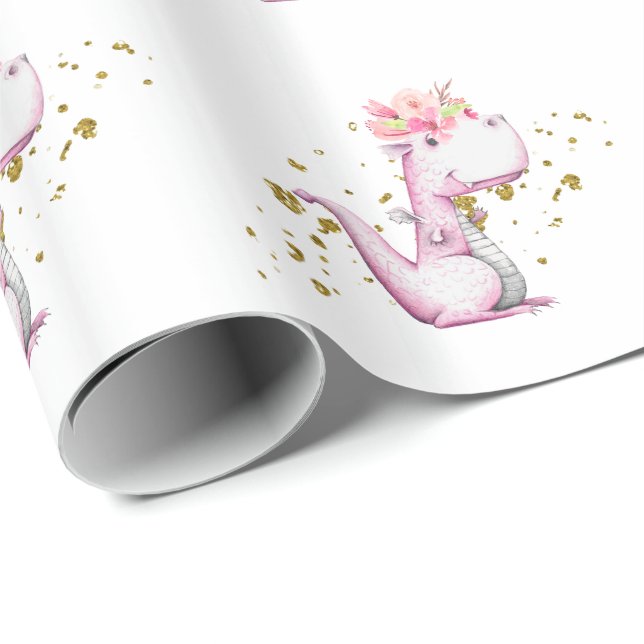 Papier Cadeau *~* Dinosaures de dragon à dents de fleurs roses d (Coin rond)