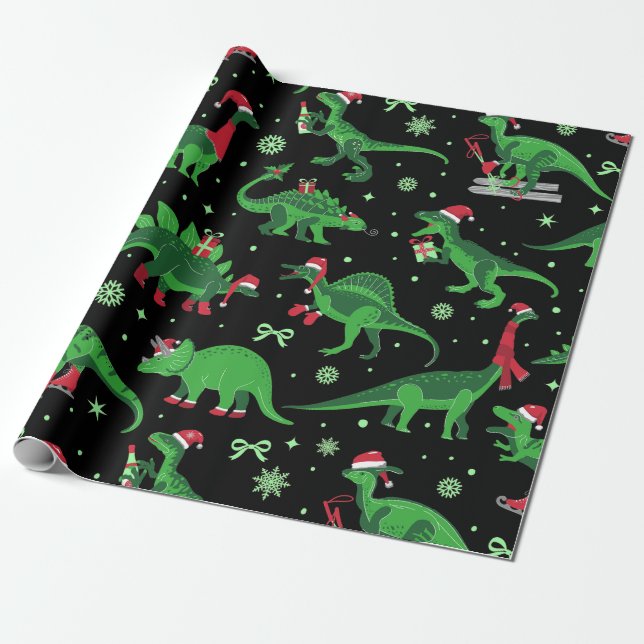 Papier Cadeau dinosaures de noël noir stegosaurus triceratops (Déroulé)
