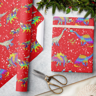 Papier Cadeau Dinosaures de Noël portant des chapeaux de Père No
