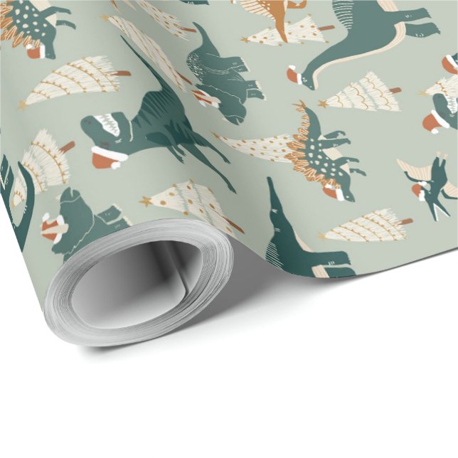 Papier Cadeau Dinosaures de Noël pour enfants (Coin rond)