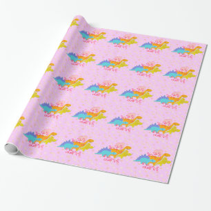 Papier Cadeau Dinosaures mignons roses Girly avec le motif de
