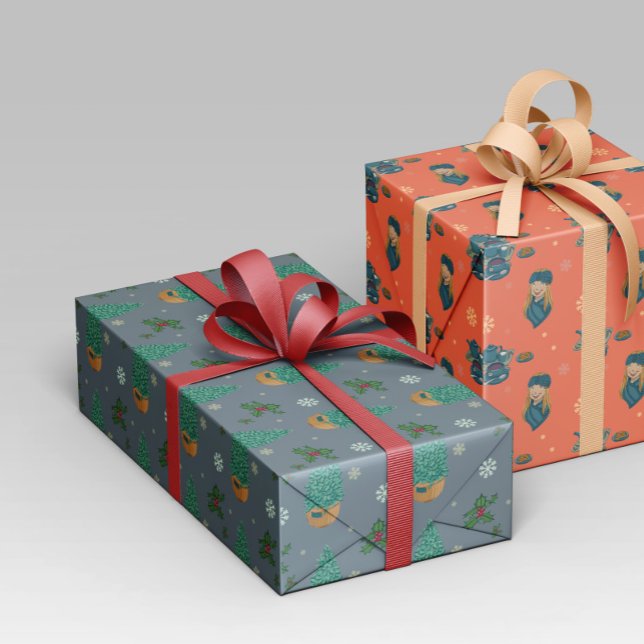 Papier Cadeau Diseño navideño con árbol, copos nieve y acebo. (Créateur téléchargé)
