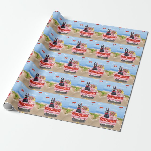 Papier Cadeau Doberman Chien Saint-Valentin Coeurs de camion (Déroulé)