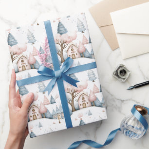 Papier Cadeau Don Whimsical Pink and Blue Christmas Village
