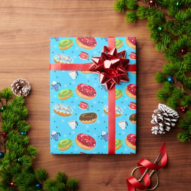 Papier Cadeau Donuts d'hiver et Motifs de chocolat chaud (Cadeau de vacances)
