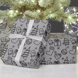 Papier Cadeau Doodle de Noël Motif Gris et Cadeau noir