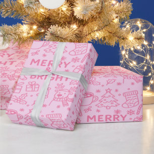 Papier Cadeau Doodle de Noël rose Merry Magic