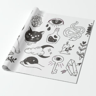 Papier Cadeau doodle de tatouage mystique dessiné à la main, b
