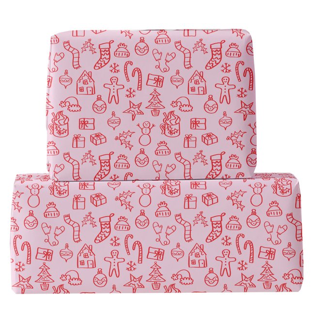 Papier Cadeau Doodle de Vacances Rouge et rose (Fun Christmas holiday scribble doodle illustration pink and red gift wrapping paper)