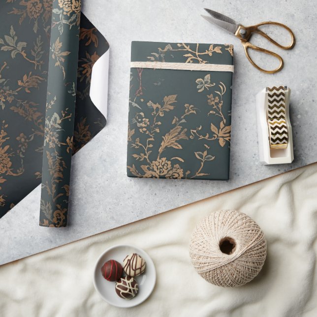 Papier cadeau doré baroque | Floral  (Artisanat)