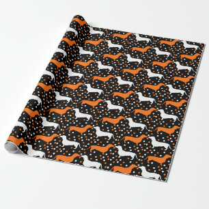 Papier Cadeau Dots Dachshund blanc et orange sur Halloween noir