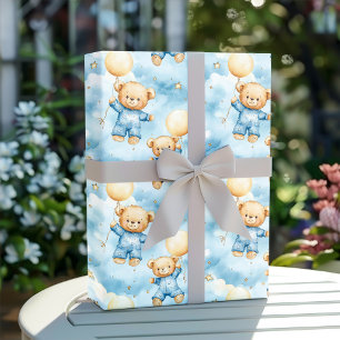 Papier Cadeau Douce Fête de Naissance Ourson Bleu pour Petit Gar