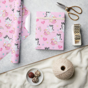 Papier Cadeau Douce Nouvelle Bébé Fille et Cigogne