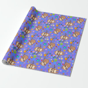 Papier Cadeau  Douce Paresseux Motif Bleu Bébé Shower Anniversai
