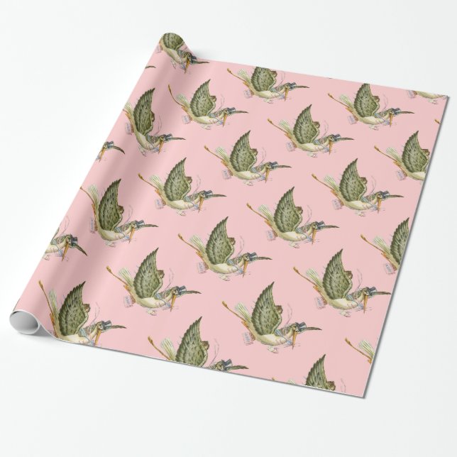 PAPIER CADEAU DOUCHE POUR FILLE ROSE STORK BÉBÉ (Déroulé)