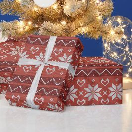 Papier Cadeau Douille de Noël moche Scandinave Knit Coeur rouge
