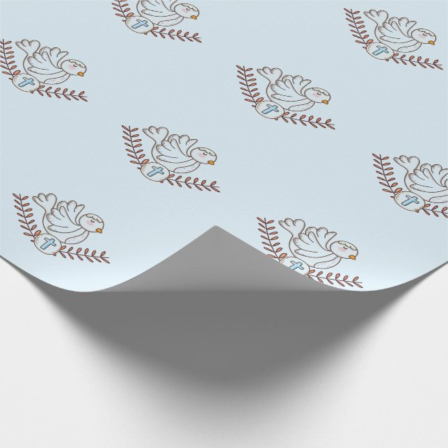 Papier Cadeau Dove Cross Religieux Baptême Christening Baby Boy (Coin)