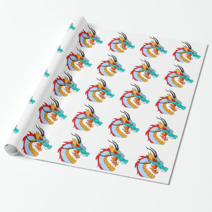 Papier Cadeau Dragon chinois bleu, jaune, rouge, orange féroce