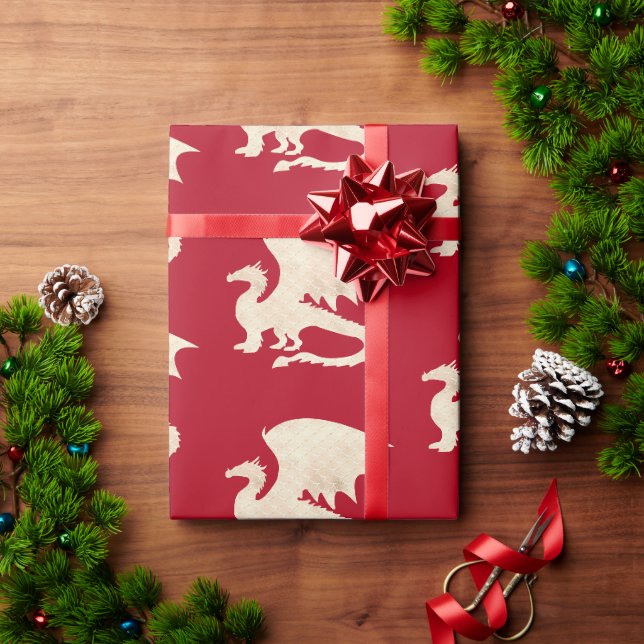 Papier Cadeau Dragon d'or sur rouge foncé (Cadeau de vacances)