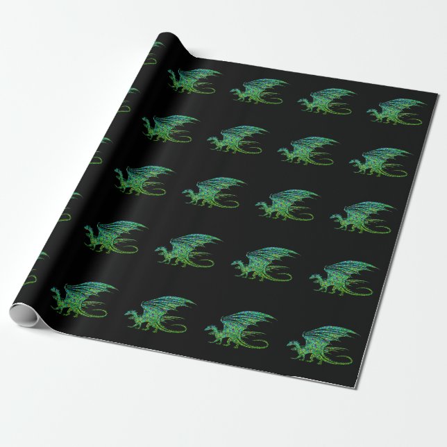 Papier Cadeau Dragon Extraordinaire en mosaïque verte (Déroulé)