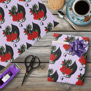 Papier Cadeau Dragon Noir Mystique Roses Rouges Lavande Gothique
