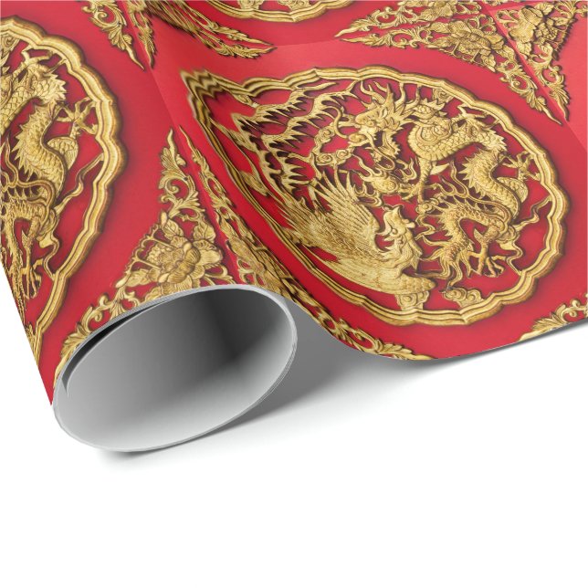 Papier Cadeau Dragon Phénix Rouge Or Mariage Chinois (Coin rond)
