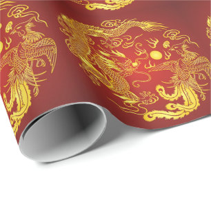 Papier Cadeau Dragon Rouge Phénix Doré Cadeau de Mariage Chinois