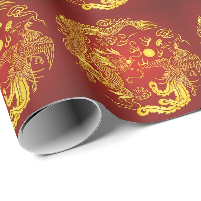 Papier Cadeau Dragon Rouge Phénix Doré Cadeau de Mariage Chinois (Coin rond)