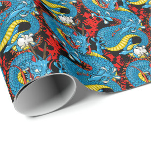 Papier Cadeau Dragon Tattoo Art en rouge et bleu
