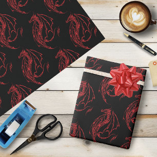 Papier Cadeau Dragon Tribal Rouge Féroce Silhouette Fantastique
