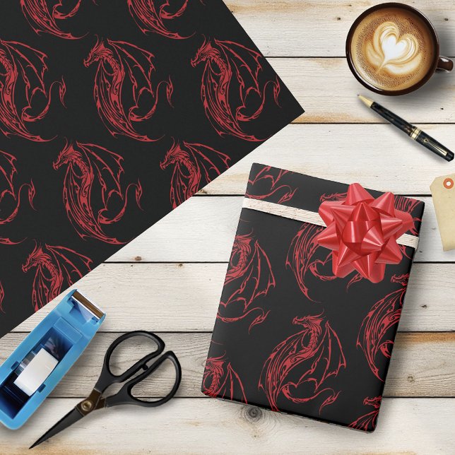 Papier Cadeau Dragon Tribal Rouge Féroce Silhouette Fantastique (Créateur téléchargé)