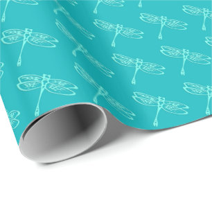 Papier Cadeau Dragonflies, aqua pâle sur turquoise