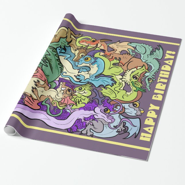 Papier Cadeau Dragons De Parti Emballés (Déroulé)